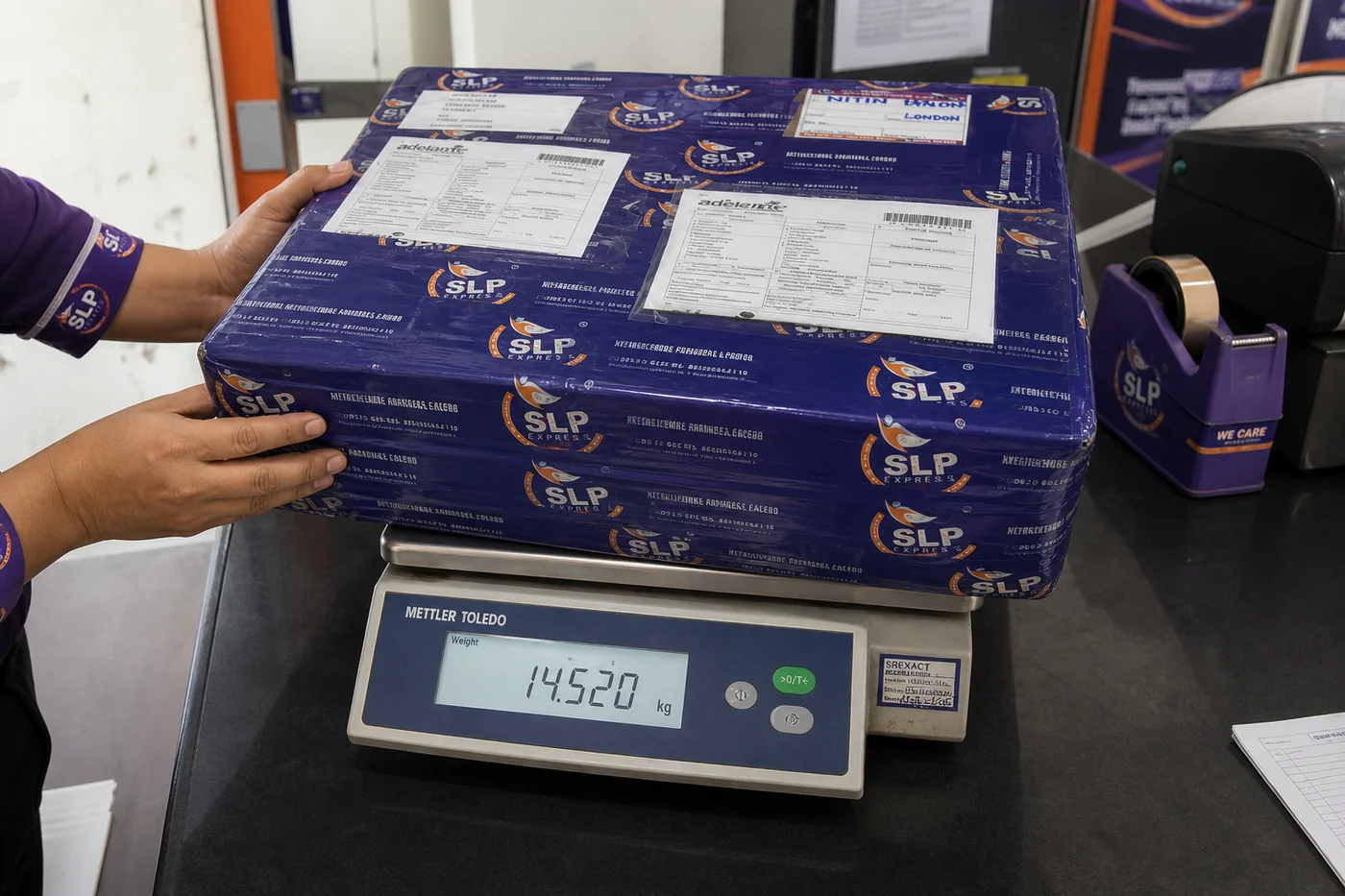 SLP Express weighing an international courier parcel before dispatch to Norway