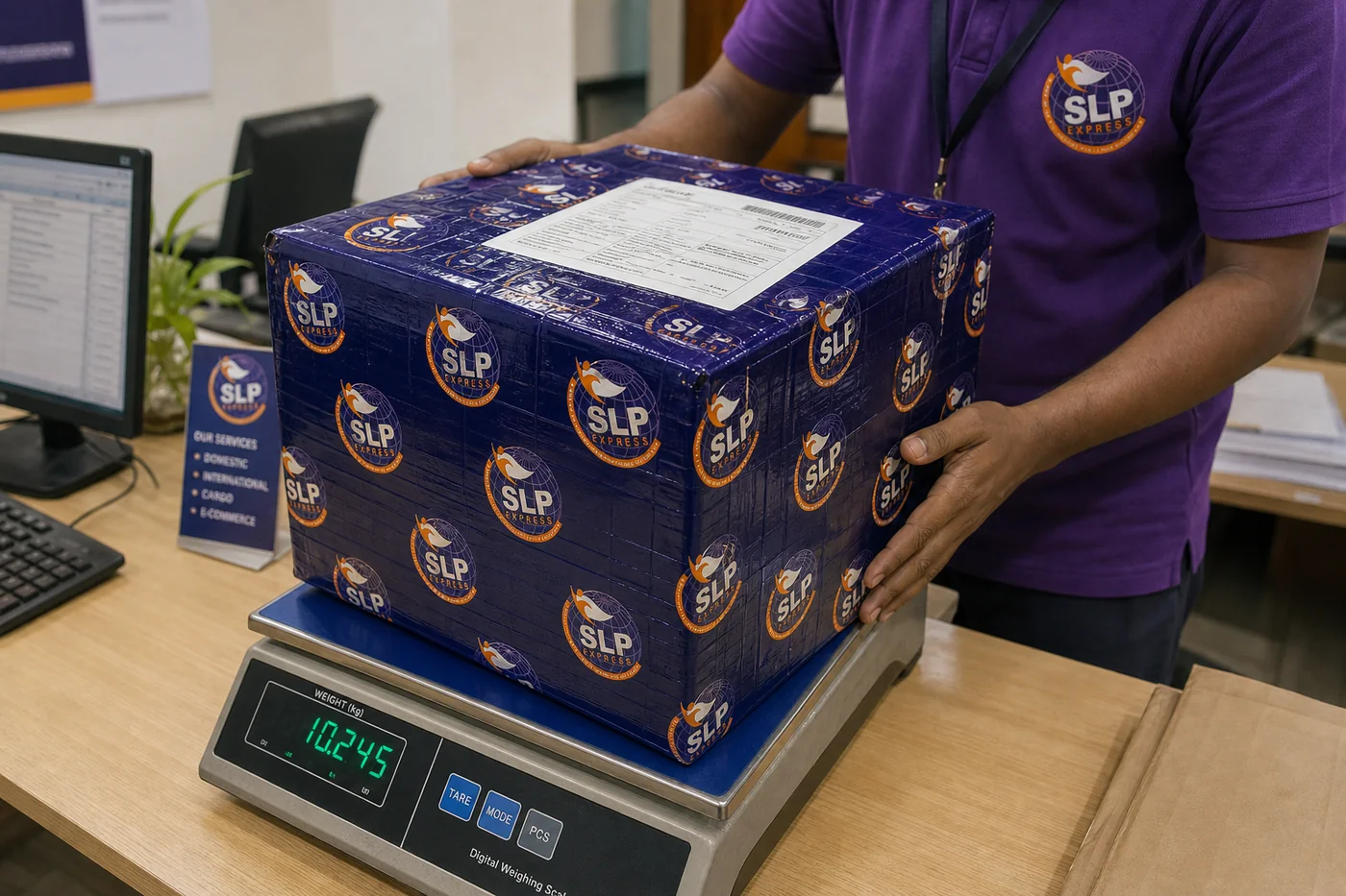 SLP Express weighing an eligible medicine courier parcel before dispatch to Finland