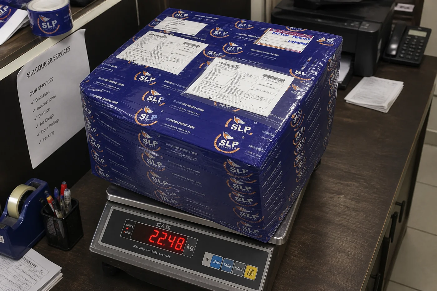 SLP Express weighing an international courier parcel before dispatch to Luxembourg