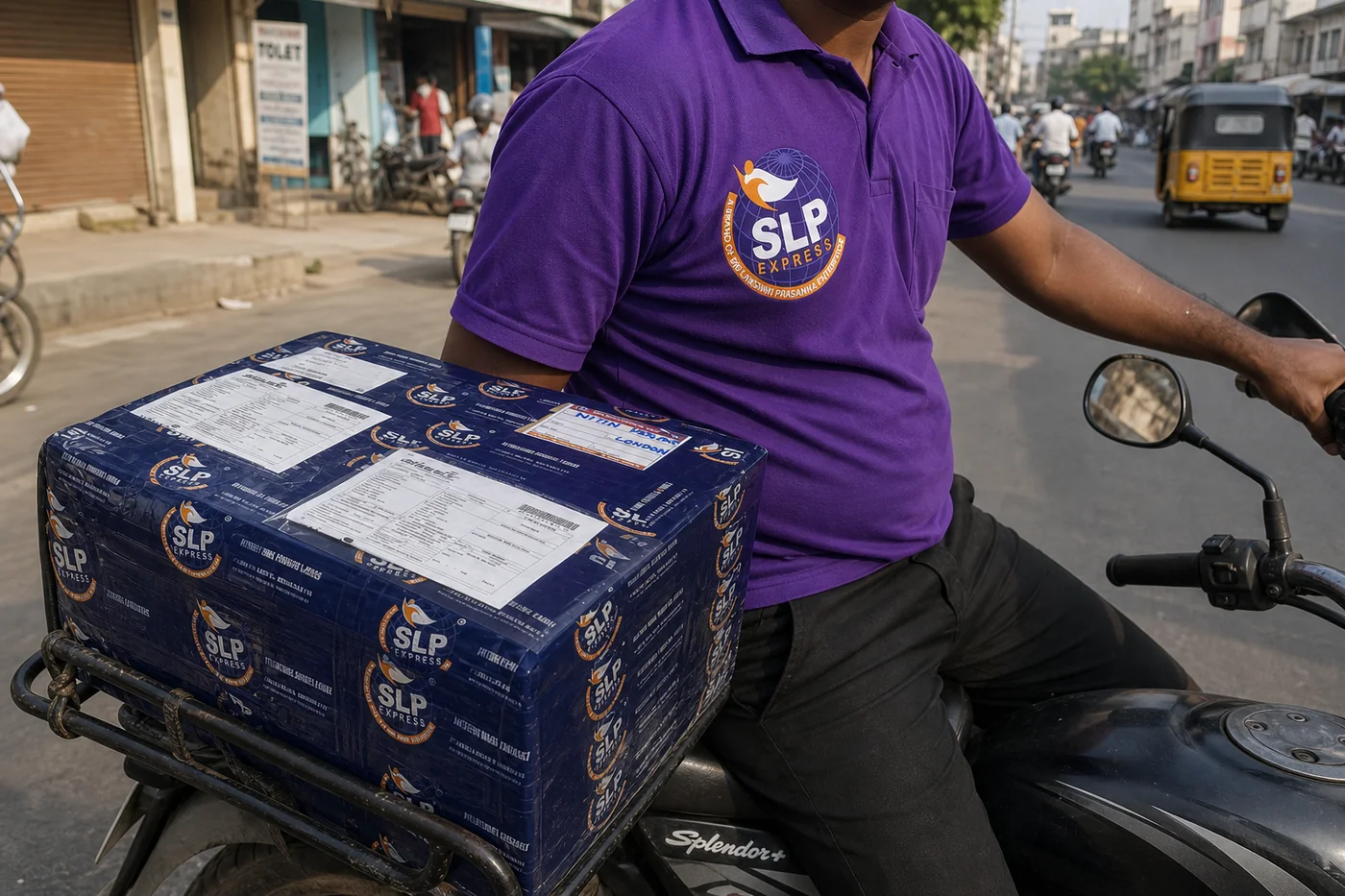 SLP Express collecting an international courier parcel in Hyderabad for Luxembourg