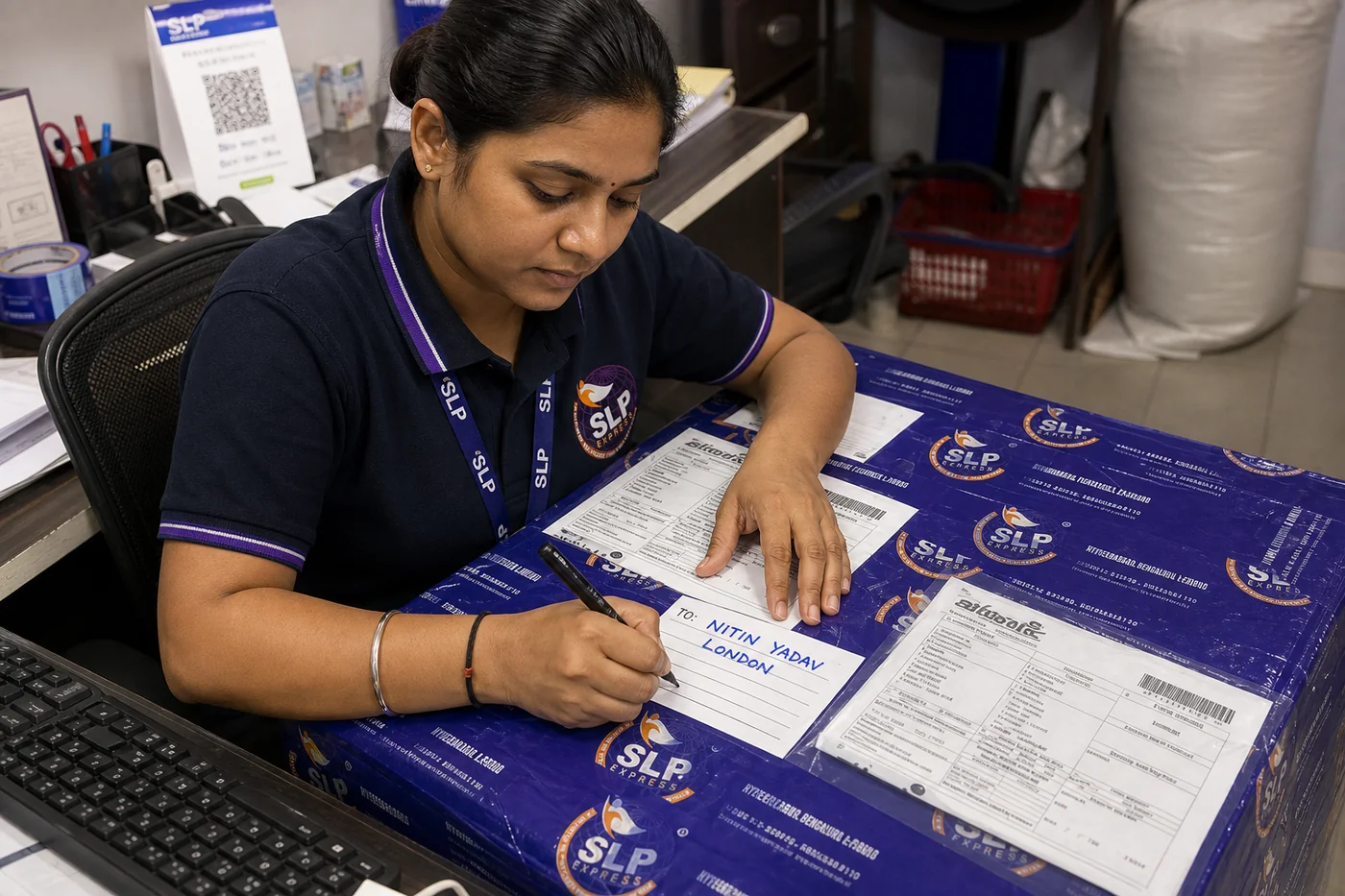 SLP Express packing an international courier parcel in Hyderabad for Slovenia