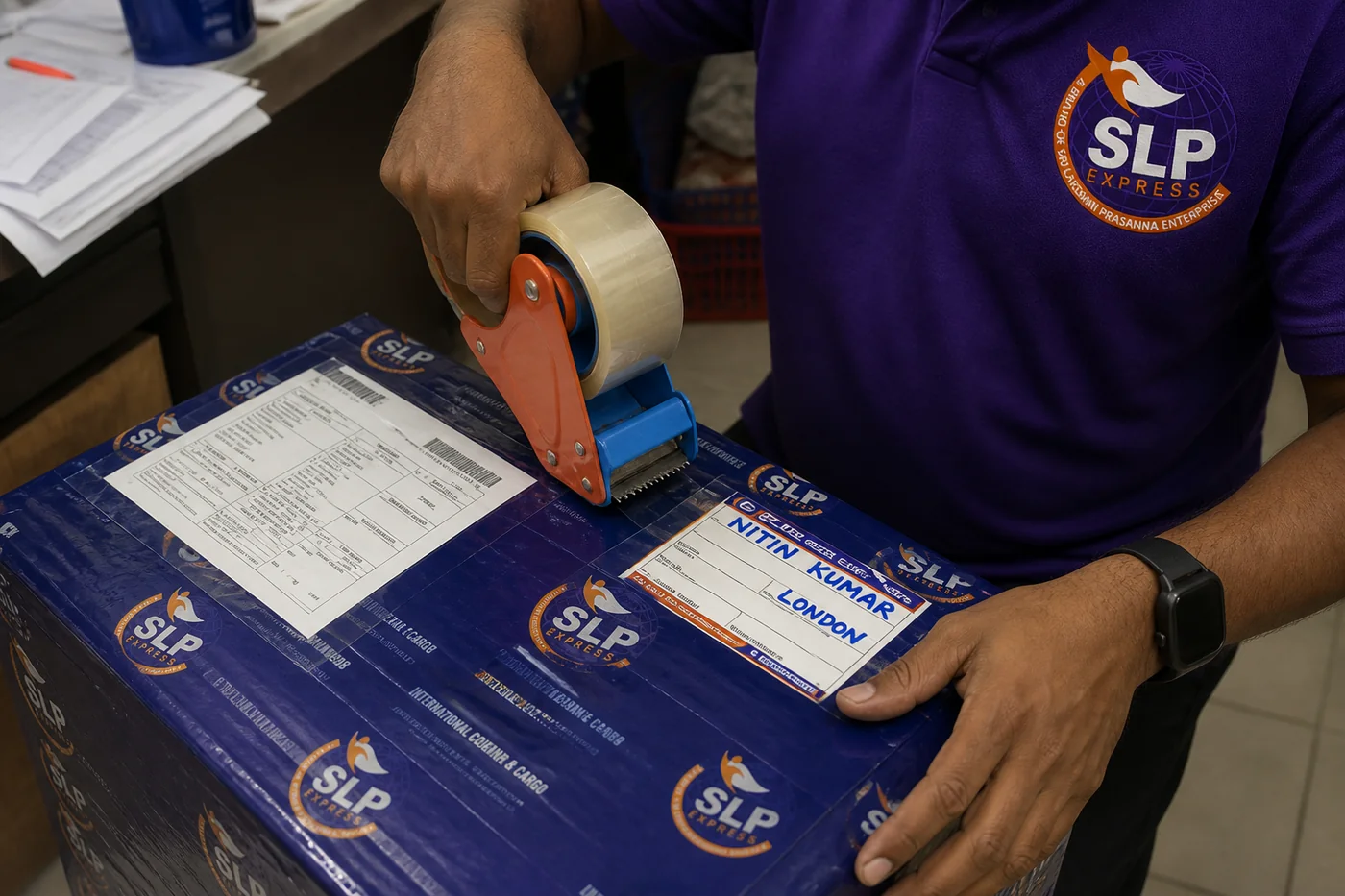 SLP Express packing an international courier parcel in Hyderabad for Slovenia
