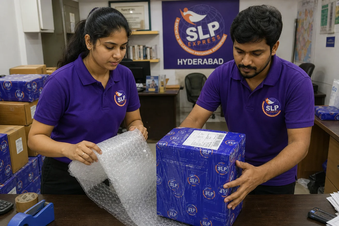 Packed international courier parcel prepared in Hyderabad for delivery to Serbia
