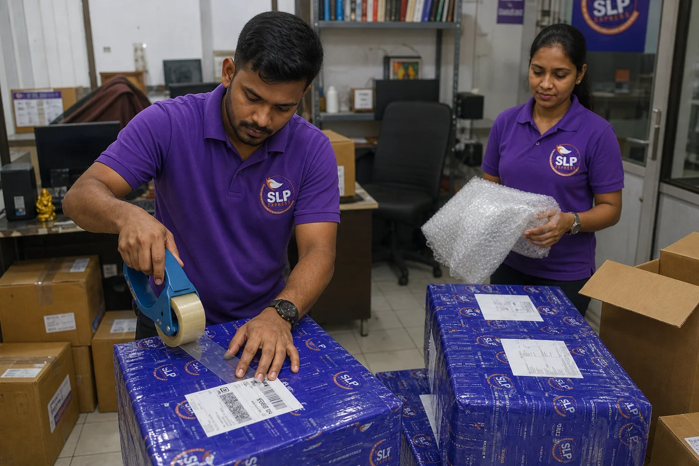 Packed international courier parcel prepared in Hyderabad for delivery to Oman
