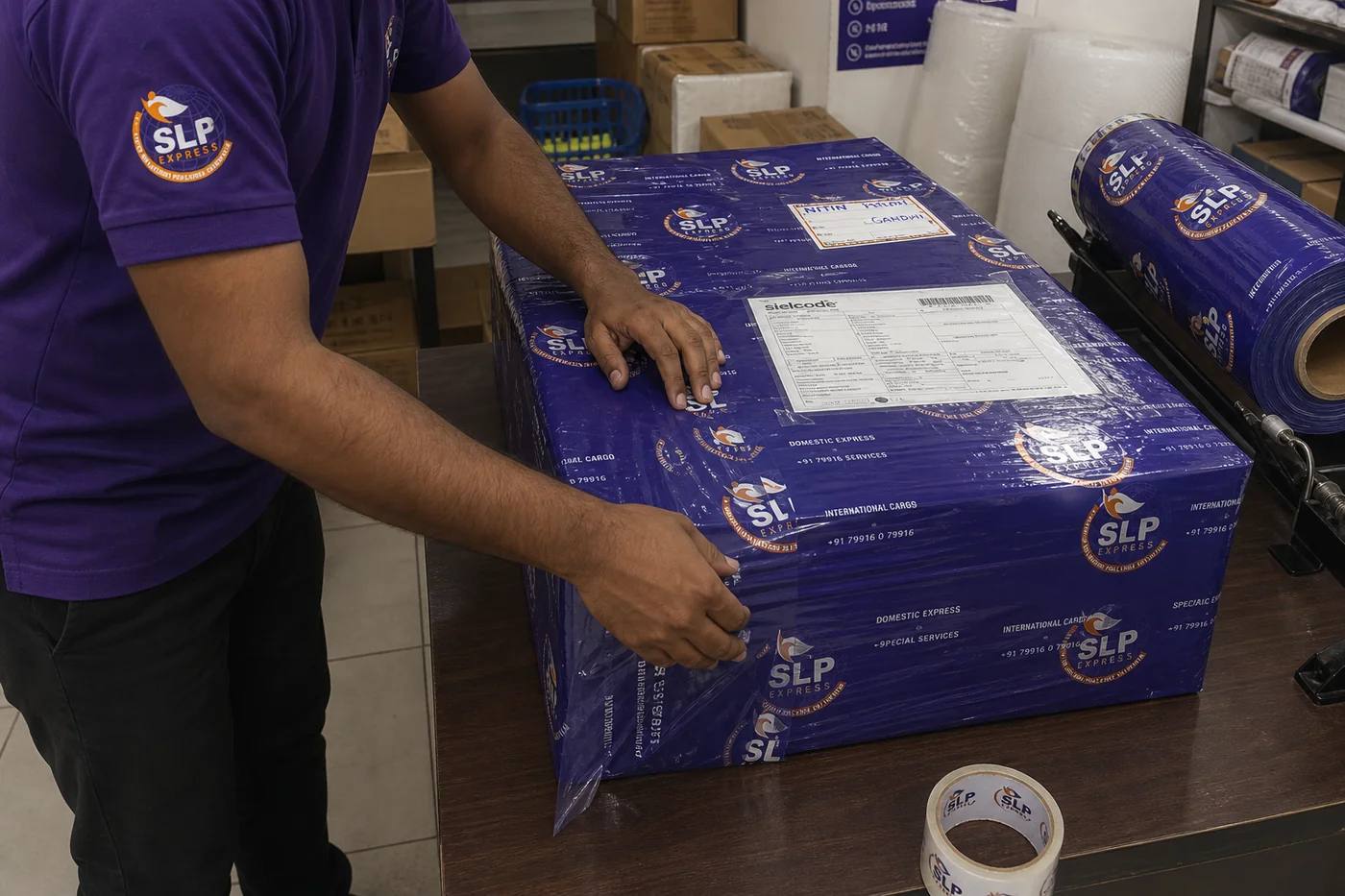 SLP Express packing an international courier parcel in Hyderabad for Tanzania